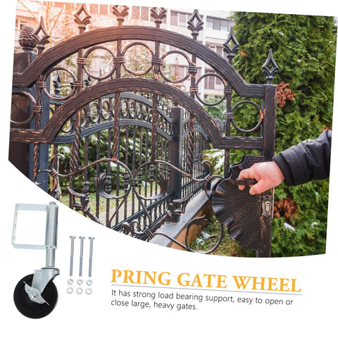 Heavy Duty Spring Gate Wheel Caster With Mounting Hardware Cold Rolled Steel attached to a large wrought iron gate, enabling easy operation.
