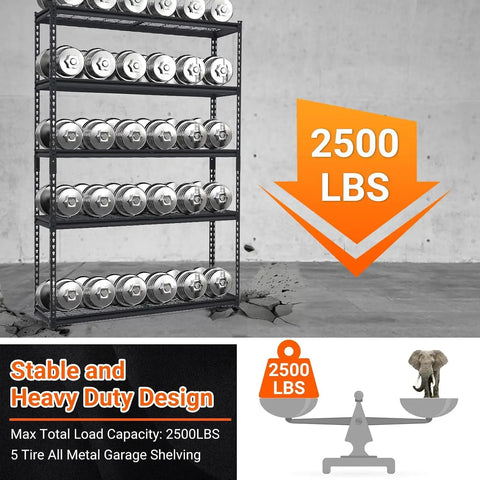 Legit Tough Steel Shelving Rack Five Tier Industrial Garage Storage Unit For Tools And Seasonal Gear 48 By 24 By 72 Inches with weights.