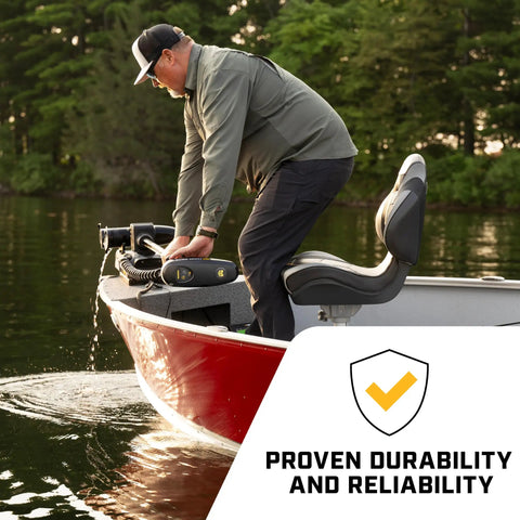 Next Gen Trolling Motor Featuring Dual Spectrum Chirp Sonar And A Rock Solid Spot Lock GPS for tight boat control on a fishing boat.