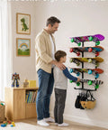 Heavy Duty Five Tier Skateboard Rack Wall Mount With Ten Coated Clips For Helmets Plus Gear in a organized space with child.