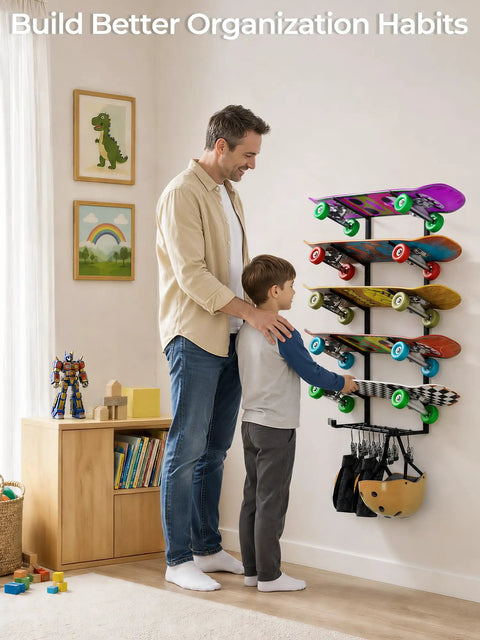 Heavy Duty Five Tier Skateboard Rack Wall Mount With Ten Coated Clips For Helmets Plus Gear in a organized space with child.
