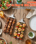 3 Way Grill Skewers With Push Off Slider 14.7 Inch Stainless Steel Kabob Sticks For Grilling displayed on wooden table with food