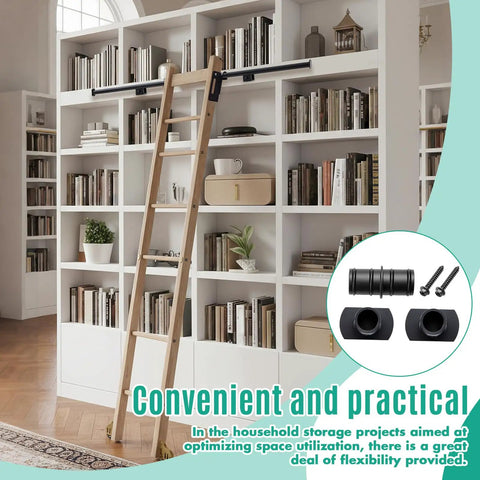 4 Ft Steel Extension Track For Library Ladder Hook Rolling Kit With Dead Smooth Glide Action Built Damn Tough For Customizing Your Whole House Storage Layout, displayed on bookshelves.