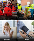Rhino Rescue First Aid Kit collage: EMS responders, workplace crew, office worker, and home blood-pressure check.