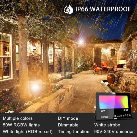 Smart Bluetooth Rgb Flood Light For Outdoor Landscaping No Fuss Quick Setup App Controlled Slick Lighting With 16 Million Vibrant Colors And 23 Dynamic Modes Hella Bright 50 Watt 5000 Lumen Kit With Smart Group Controls illuminating a patio at night.