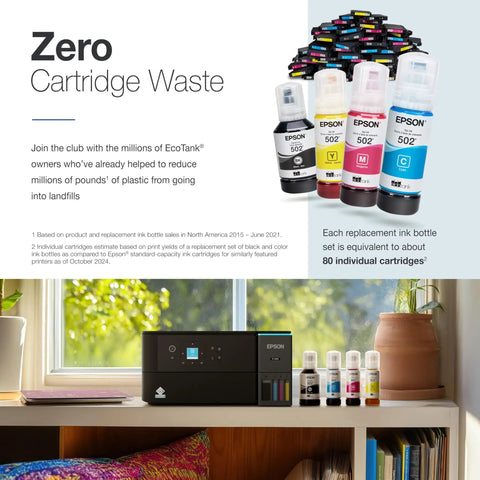 ET-2980 EcoTank Wireless All-In-One Color Supertank Printer With No-Fuss Refillable Ink Up To 3 Years Of Ink on a desk by a window.