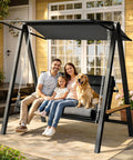 Family sitting on Three To Four Seat Porch Swing With Stand For Backyard Lounging, 990 Lbs Heavy Duty Outdoor Swing For Adults.