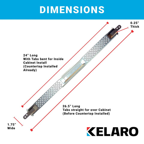 Heavy Duty Dishwasher Mounting Bracket Kit for Granite and Quartz Countertops 5 Pack dimensions showing lengths and thickness of brackets.