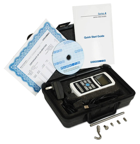 Tough As Nails Digital Force Gauge Delivering Nail Splitting Precision At Ten Pound Capacity And Lightning Fast Data Transfer For Stress Free Lab Calibration in a protective case with accessories.