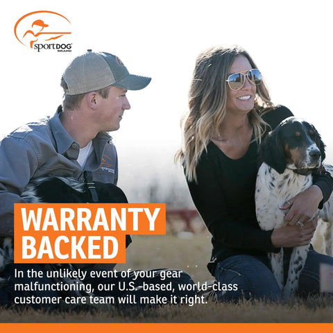 Man and woman sitting outdoors with dog, "WARRANTY BACKED" text, cloudy sky background