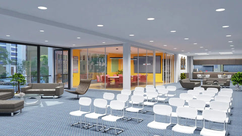 Spacious office setting featuring Westgate 4" LED Recessed Light, 14W/20W/27W, CCT Selectable illuminating the area.