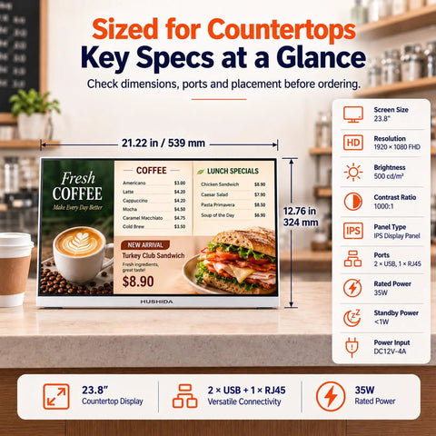 Solid 23 8 Inch Countertop Digital Menu Board With Cloud CMS Platform For No Fuss Multi Location Syncs And Straightforward Plug In Commercial Cafe Counter Display featuring menu specs and food images.