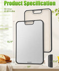 Two In One Titanium Cutting Board For Kitchen With Double Sides, 16 by 11 inches, showing titanium and BPA-free PP surfaces.
