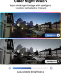 Image showing the difference in brightness and color with spotlight on and off using a 4K Outdoor PTZ Security Camera with WiFi 6.
