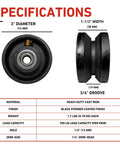 Specifications for Heavy-Duty 3 Inch Cast Iron V Groove Sliding Gate Wheel Featuring Roller Bearing Steel Mounting Bolt Box.