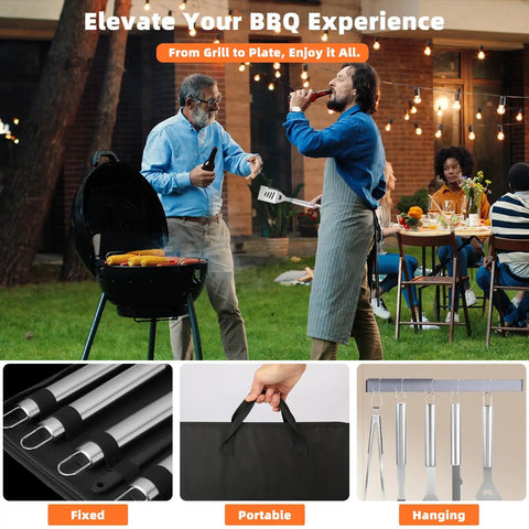 Backyard BBQ party using 32 Piece Heavy Duty Stainless Steel BBQ Grill Tool Set With Case Including Spatula, Tongs, Fork shown