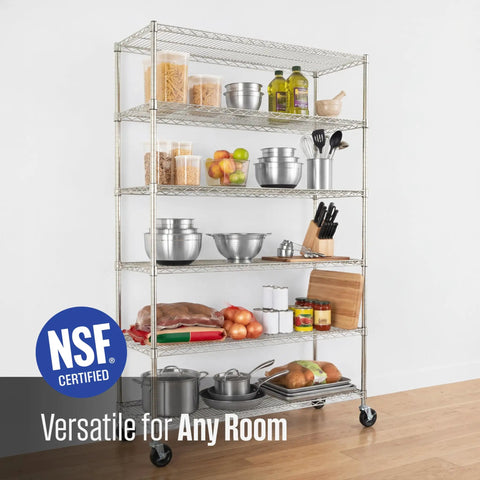 Shop Ready NSF Certified Six Tier Steel Wire Shelving Rack With Solid Locking Casters, perfect for garage storage with food items.