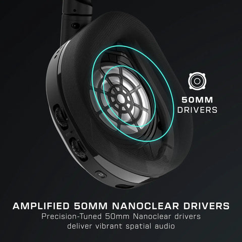 Close-up of Stealth 600 Wireless Multiplatform Gaming Headset with Bluetooth, showing 50mm Nanoclear drivers detail.