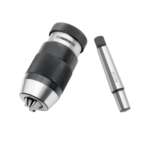 Heavy Duty Five Eighth Inch Keyless Drill Chuck With MT2 Shank For Wood Lathe And Pillar Drills, Quick Bit Changes, shown with adapter