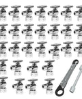 Easy Does It 30 Pack Angle Stop Valve Kit With Quarter Turn Shutoffs And Heavy Duty Wrench and PTFE tape arranged in a grid.