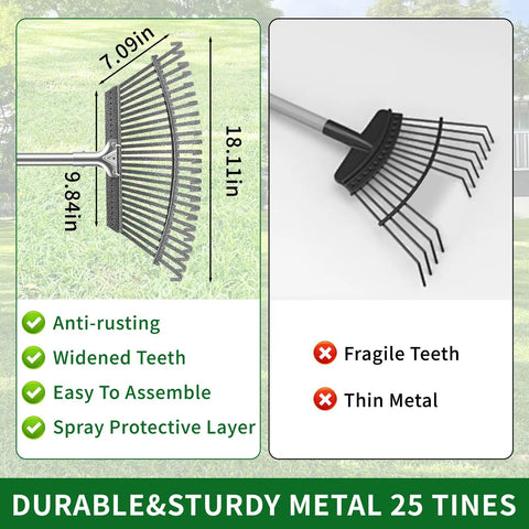 Durable metal rake head with 25 tines, 18.11 inches wide, shown with features highlighting anti-rusting and spray protective layer