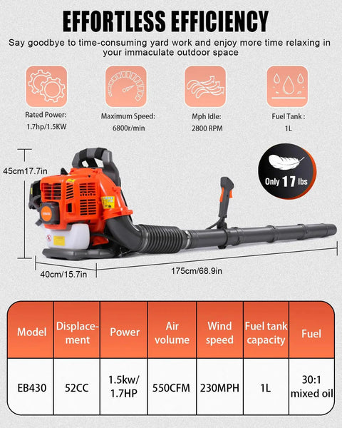Gas Powered Backpack Leaf Blower With 550 CFM And 230 MPH Airflow, 52cc Engine, illustrated with technical specifications