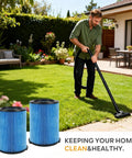 Man using vacuum in garden with Vf5000 Replacement Filter For 5-20 Gallon Wet Dry Vacuums 2 Pack With 4 Foam Sleeves And 1 Brush shown