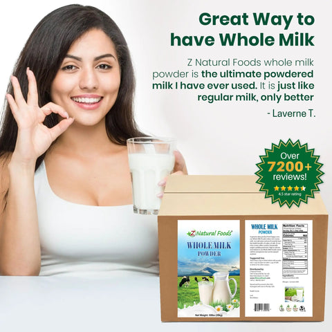 Smiling woman with glass of milk next to Whole Milk Powder For Baking And Cooking And Drinks Creamy Pasteurized Dry Milk box