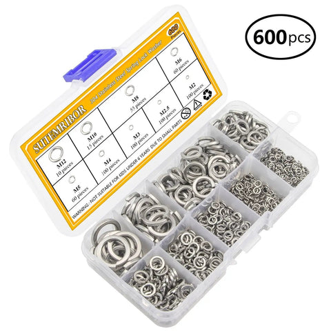 Roughneck 304 Stainless Steel Spring Lock Washer Assortment Kit Keeps 600 Heavy Duty Split Lock Washers in a clear storage case.