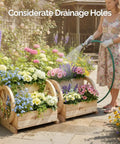 Cute Wooden Wagon Planter Box With Storage, Rustic Wheel Planter Decor For Flowers in Garden with Woman Watering