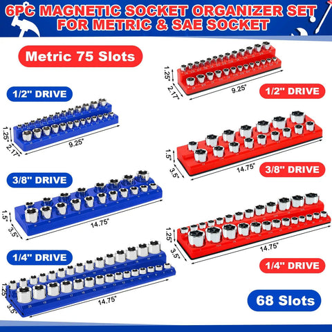 Magnetic Socket And Wrench Organizer Set For Tool Box Drawer, Six Magnetic Racks Hold Twenty Wrenches And Sockets