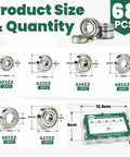 Rugged Heavy Duty Carbon Steel Ball Bearing Assortment Kit With Six Essential Sizes, 68 pieces displayed with sizes and quantities.
