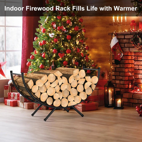 Beefy Heavy Duty Curved Firewood Rack 33 Inch Steel Log Holder in living room with decorated Christmas tree and fireplace