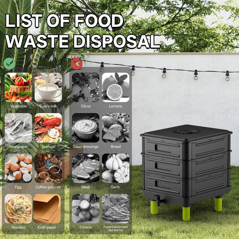 3 Layer Worm Composter With 50L Capacity, Indoor And Outdoor Worm Bin For Vermicomposting, Black Plastic Design in Garden Setting