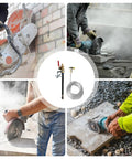 Heavy Duty Angle Grinder Water Attachment With Brass Adjustable Nozzle And Flexible Hose For Dust Suppression and wet tile cutting in action.