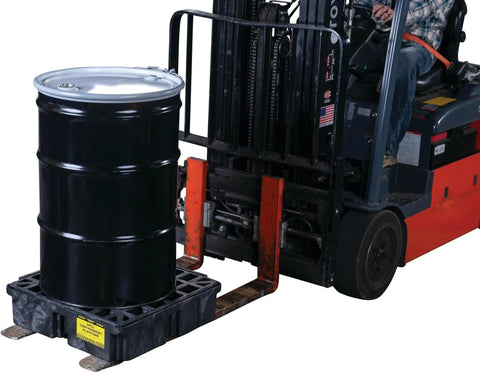 Modular Drum Spill Platform With Drain, Heavy Duty Workhorse Containment Tray, 26.25 x 26 x 6.5 Inches, in use with forklift