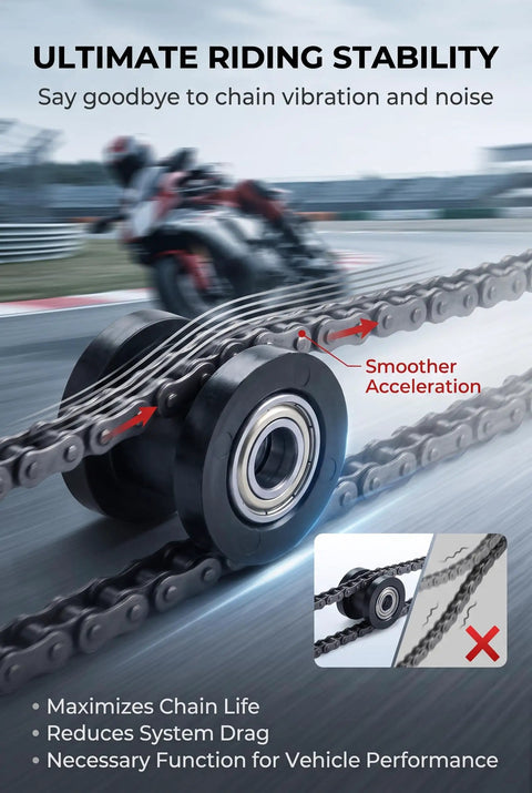 Heavy Duty Chain Tensioner And Guide Sprocket For Dirt Bikes Motorcycles And Minibikes Universal Swingarm Roller Guide Wear Resistant Black Two Pack close-up of roller guide with chain in motion