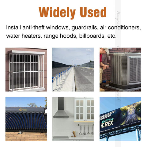 Collage showing uses of Antiskid Sleeve Anchor One Quarter Inch By Two Inch Carbon Steel Zinc Plated Expansion Anchors For Concrete Only Ideal For Door And Window Frames Wall Mounts Shelving And Furniture Installations 30 Pieces in various installations.