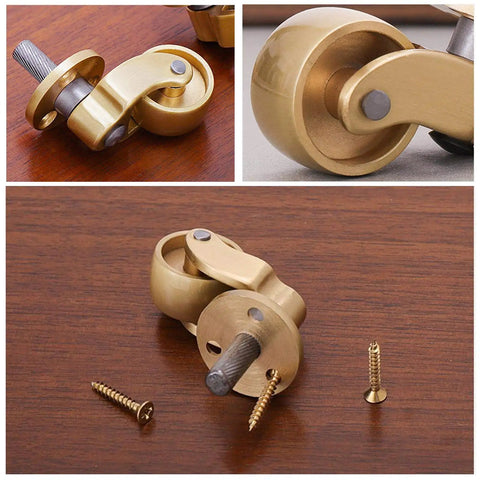 Top Shelf Solid Brass Casters 1 Inch Threaded Bolt Style Swivel Furniture Wheels showcasing screws and smooth swivel action.