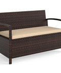 Outdoor Storage Bench With Cushioned Seat And Backrest 42 Gallon Rattan Deck Box With Acacia Wood Armrests And Sturdy Metal Frame