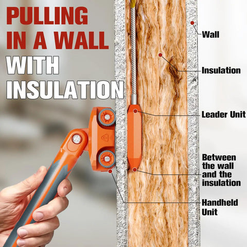 Using Powerful Magnetic Wire Puller for electrical wiring with rare earth magnets and stainless steel leader, visible through wall cutout.
