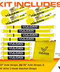Complete Axle Strap Tie Down Kit With Wire Hook Ratchet Straps In Classic Yellow, 22in and 36in Axle Straps, 15ft J Hook Straps.