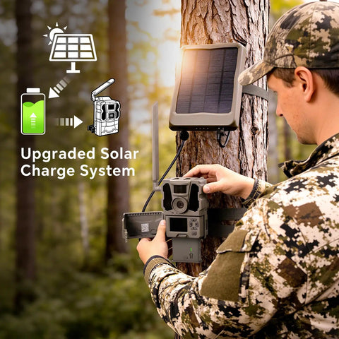 Man installing a trail camera with upgraded solar charge system for Straight Swap Premium Quality High Capacity Replacement Rechargeable Lithium Battery Pack With Four Port Independent Charger For Trail Cameras No Sweat Tracker Gear.