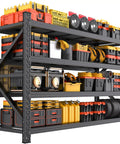 6000 Lbs Heavy Duty Metal Garage Shelving Unit 4 Tier Adjustable Storage Racks with tools and bins organized on shelves.