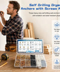 Man installing using Do It All 170Pcs Drywall Anchors And Screws Kit With Plastic Expansion And Metal Self Drilling Anchors For Picture Hanging