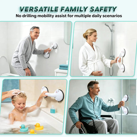 Upgraded Suction Shower Grab Bars For Seniors Monster Grip Stability Visual Safety Indicator No Sweat Setup Handheld Safety Handle in use.