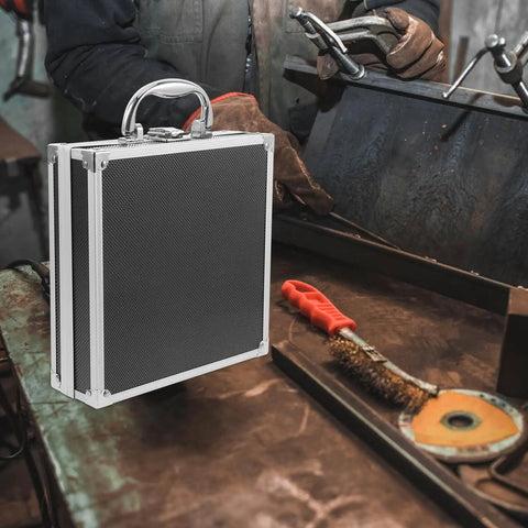 Boss Grade Aluminum Alloy Toolbox Featuring Secure Locking Panel And Portable Tool Stash Hella Tough against a rustic workbench.
