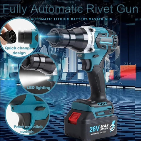 Pro Level Cordless Electric Rivet Nut Gun And Heavy Duty Battery Powered Automatic Riveter Toolkit With 26V Pack showing quick change design and LED light.