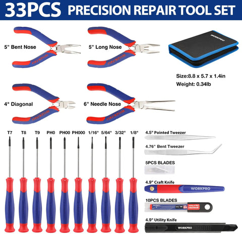 Solid 33 Piece Precision Repair Tool Kit With Screwdrivers Pliers Tweezers Utility Knife Blades for phones laptops consoles. Tools displayed in case.