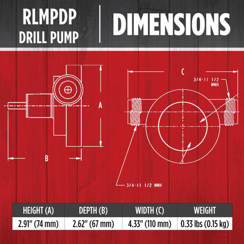 Dimensions diagram of Drill Powered Transfer Pump For Quick Liquid Moves, 154 GPH Black, showing height, depth, width, and weight.
